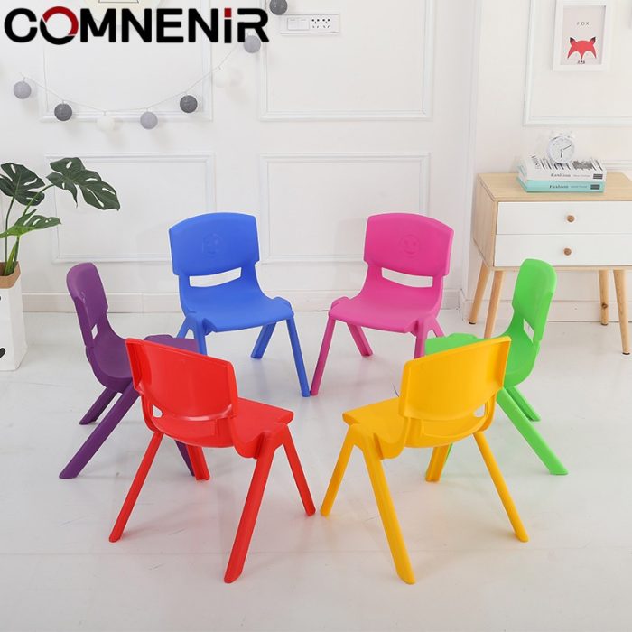 Colourful kindergarten chairs with shaped seats and backrests