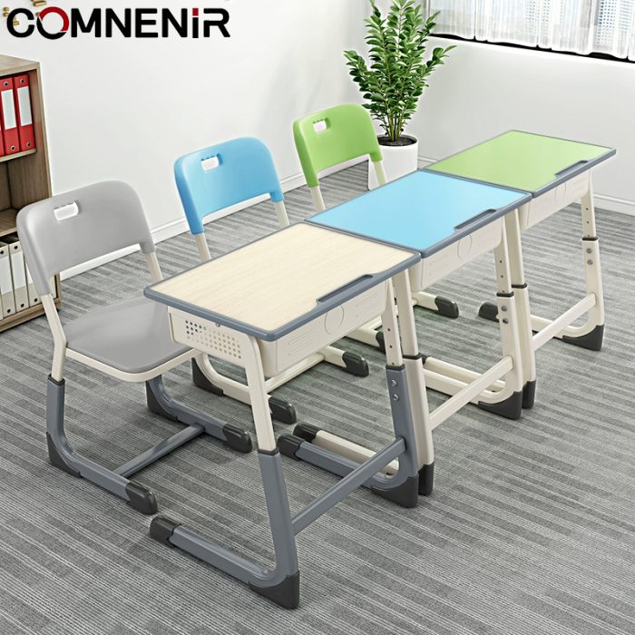 Single student desk and chair with open book storage