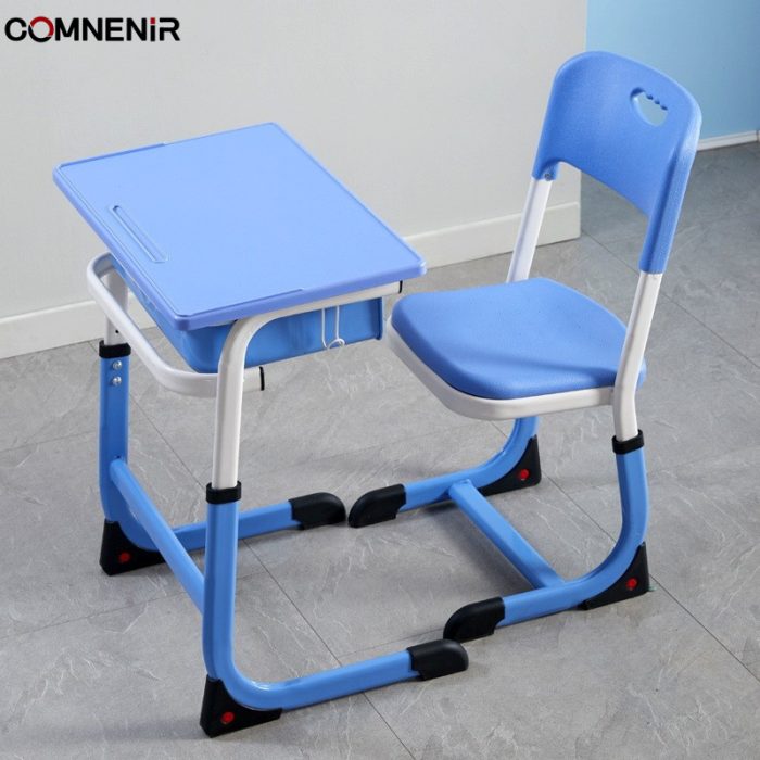 Blue single student desk with matching chair