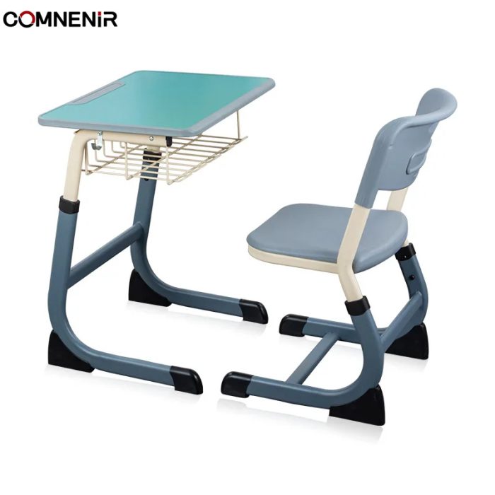 Student desk and chair with an under-desktop basket