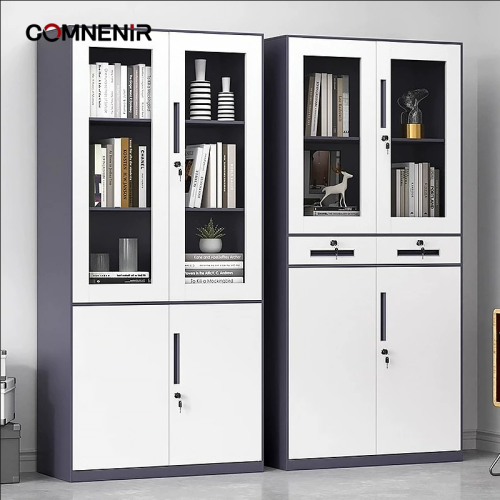 Glass-door and solid-door filing cabinets shown together