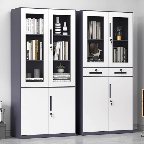 Glass-door and solid-door filing cabinets shown together