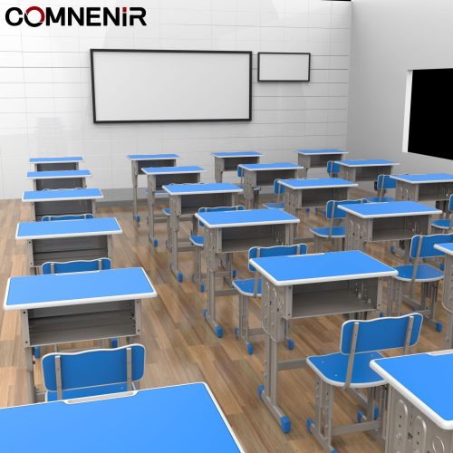Single classroom desks and chairs with open book storage