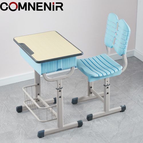Single student desk and chair with a lower wire basket