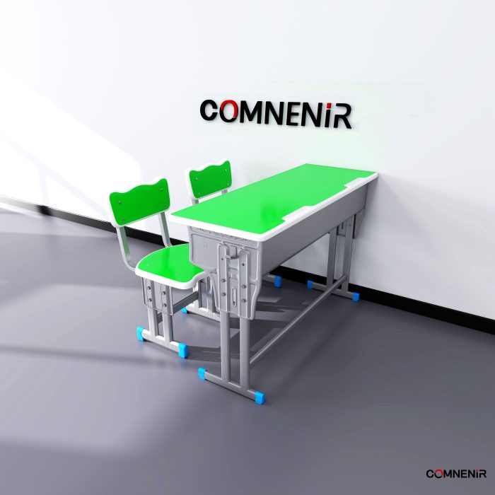 Green Double Student Desk and Two Chairs