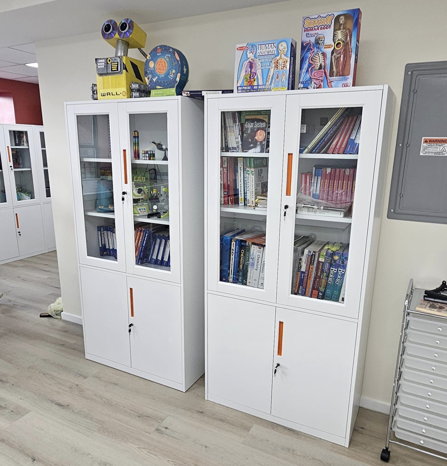 White glass-door school storage cabinets