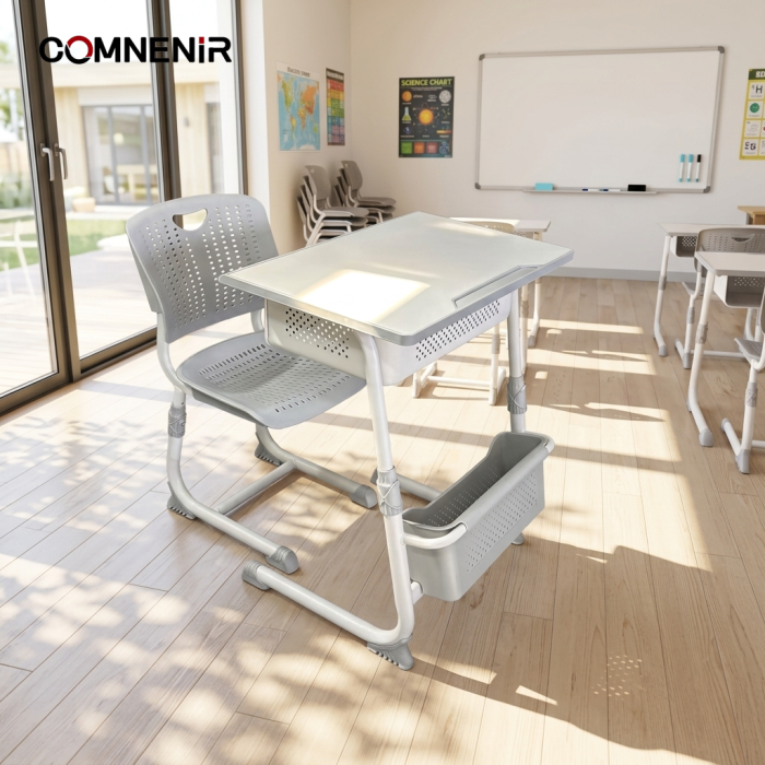 Grey Classroom Desk and Chair with Two Storage Levels