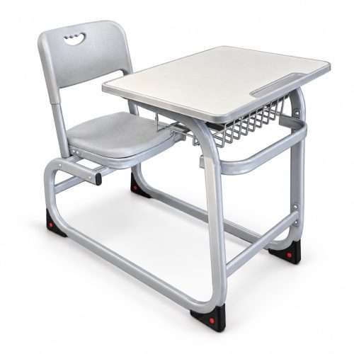 Grey student desk and chair with a wire basket and shaped tabletop