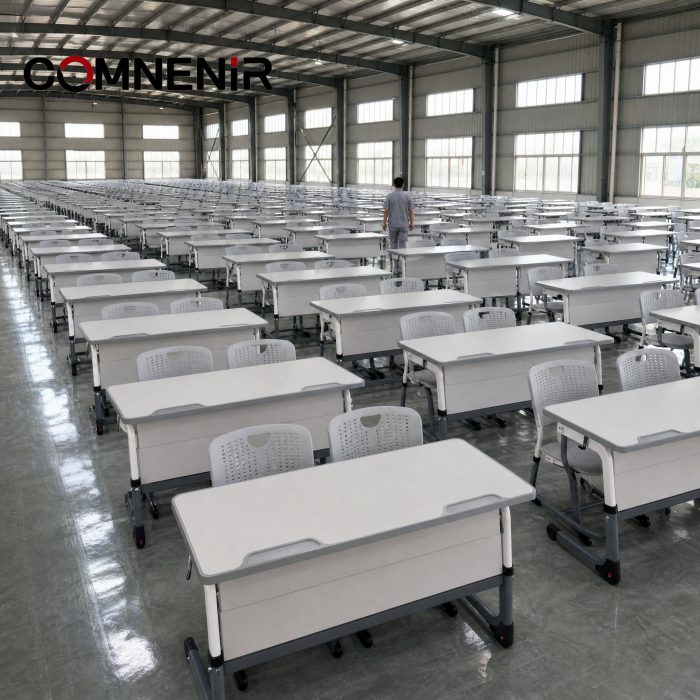 Rows of two-student desk sets with front panels and grey chairs